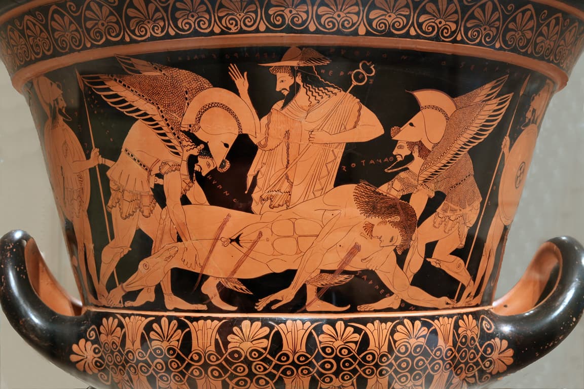 Sarpedon’s body carried by Hypnos and Thanatos (Sleep and Death), while Hermes watches. Side A of the so-called “Euphronios krater”, Attic red-figured calyx-krater signed by Euxitheos (potter) and Euphronios (painter), ca. 515 BC. H. 45.7 cm (18 in.); D. 55.1 cm (21 11/16 in.). F