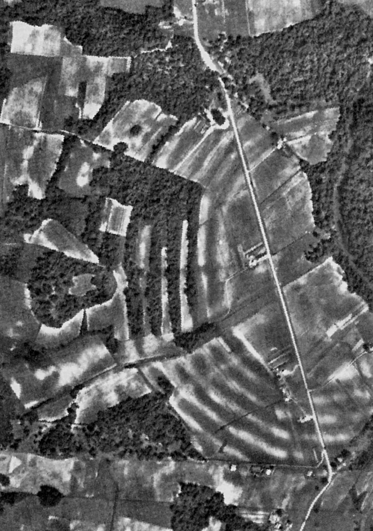 Aerial photograph of Poverty Point earthworks, Louisiana (USACE 1938; Public Domain)