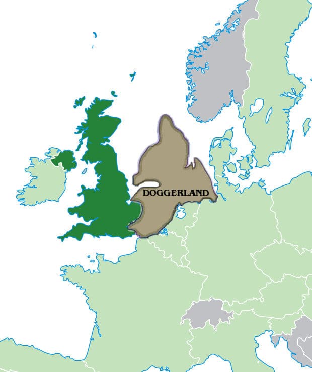 A map of Doggerland as it is believed to have looked ca. 10,000 BP, superimposed on Quizimodo's public domain map of the UK, EU and Europe.